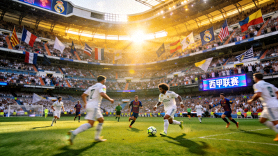 西甲联赛比赛场景 - 伯纳乌球场内坐满观众，球员正在比赛